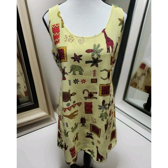 Vintage Connie Choi Mini Dress Size M Yellow Animals Sleeveless Tie - Picture 1 of 13